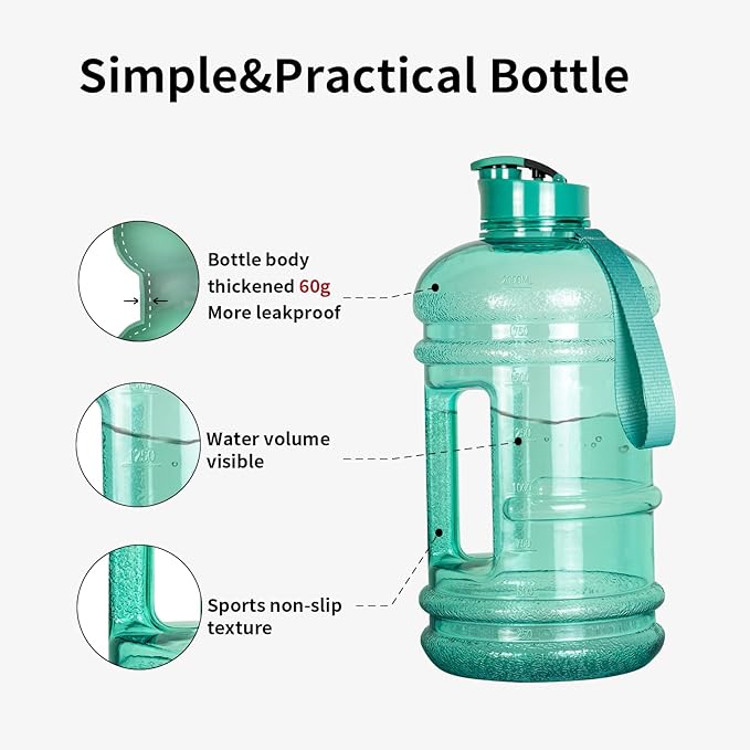 TOOFEEL Half Gallon Water Bottle with Flip Lid - 2 Liter Water Bottles BPA Free - Ideal for Gym, Big Water Bottle with Measurements Marked Drink Container - 2.2L 74oz Transparent Mint Greent Bottle