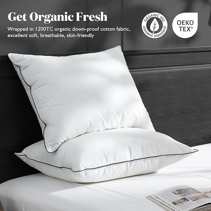 BPC Luxury Feather Down Pillow Standard Size Set of 2 - Medium-Firm Feather Pillow, 3-Chamber Organic Cotton Cover Bed Pillow Inserts, Wrapped in Polyester, 20x26 Inches