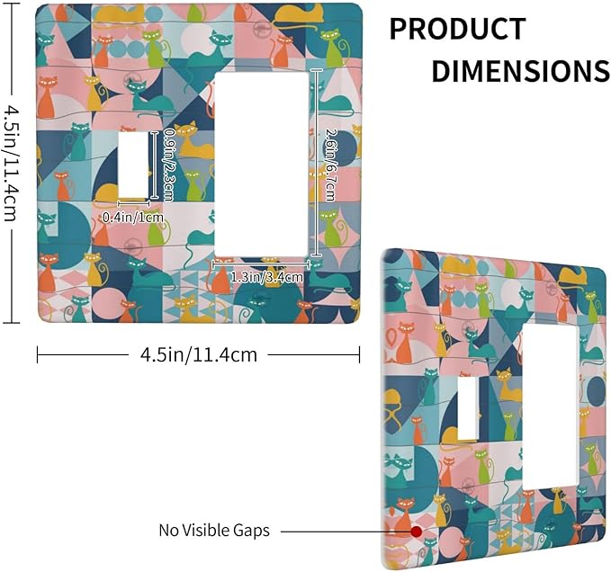 Mid Century Modern Atomic Cute Cats 2 Gang Single Toggle Rocker Combination Light Switch Covers Wall Plate Cover Electrical Faceplate Decorative Switchplate for Kidroom Nursery Bedroom Decor