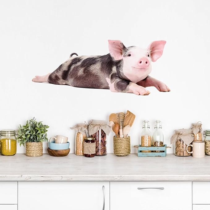 Funny Piggy Wall Sticker Realistic Pig Wall Decal Peel Stick, Removable Vinyl Piggy Wall Mural Sticker Funny Gift for Friends Kitchen Kids Playroom Wall Art Decor