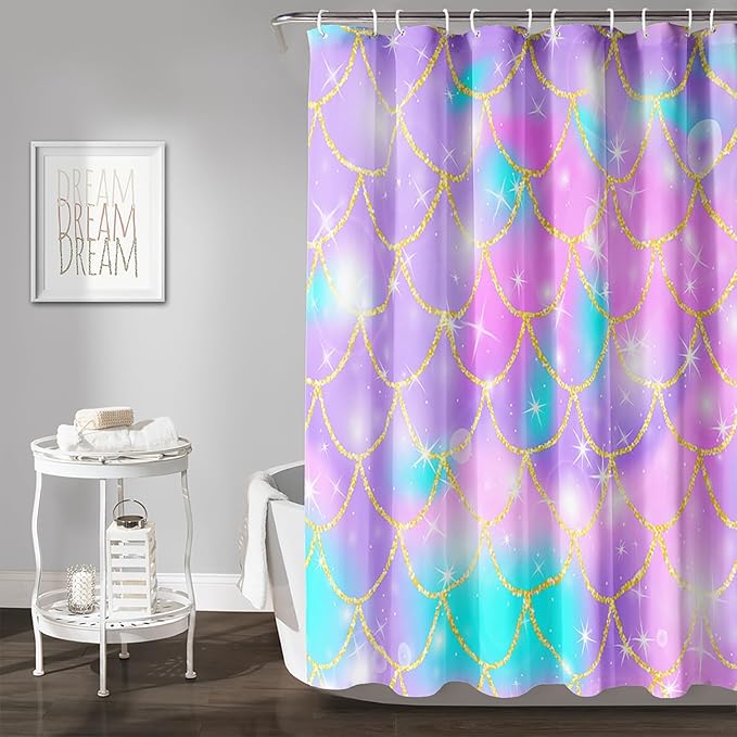AILONEN Mermaid Scale Shower Curtain,Purple Mermaid Scale Bath Curtain for Girls Bathroom,Polyester Waterproof for Shower with 12 Plastic Hooks 72" W*72" H