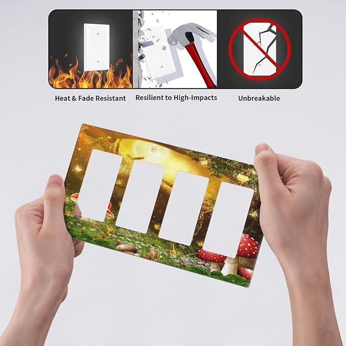 Red Mushroom Forest Fairy Moon Butterfly 4 Gang Rocker Decora Bohemian Light Switch Cover Decorative Outlet Covers Wall Plate Electrical Faceplate Switchplate GFCI for Kidroom Nursery Decor