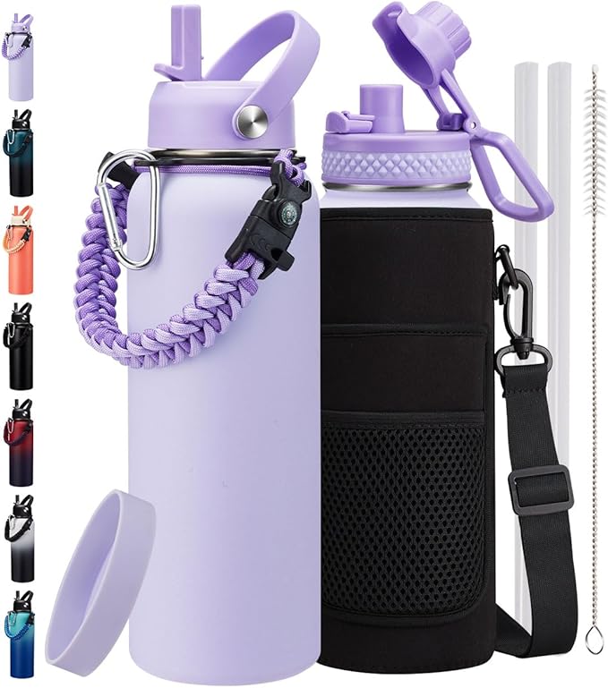 40/64oz Insulated Water Bottles with Straw - Paracord Handle & Strap Carrier, 40 oz Metal Flask Keep Cold 48Hrs, Vacuum Thermal Jug with Sling Bag for Sports Hiking Cycling Running