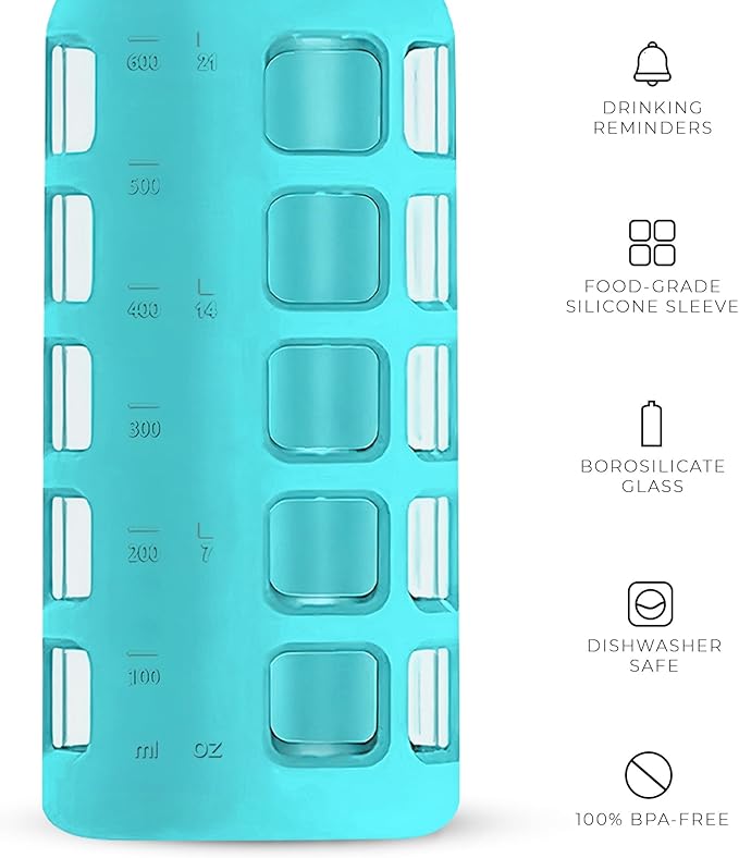 purifyou Premium 40/32 / 22/12 oz Glass Water Bottles with Times to Drink and Volume, Silicone Sleeve & Stainless Steel Lid Insert, Reusable for Fridge Water, Milk, Fruit Juice (Aqua Blue, 22 oz)