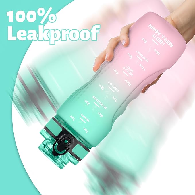 OLDLEY 25 oz Water Bottle, Motivational Water Bottle with Time Marker, Sports Water Bottle With Strap, Leakproof & BPA Free Large Water Bottles for School, Gym, Travel, Outdoor, Tritan,Green&Pink