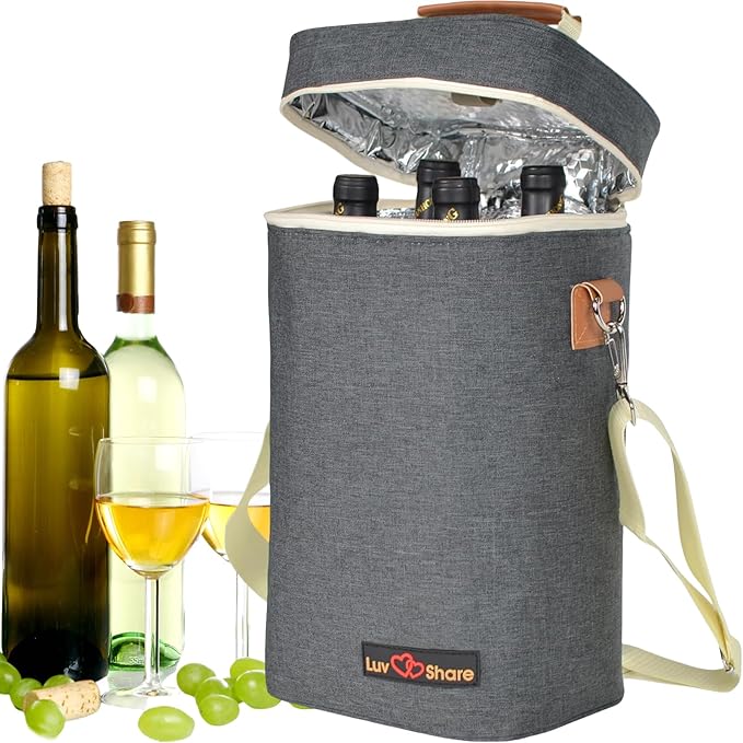 Insulated Wine Carrier Bag 4 Bottle Wine Cooler Tote Bag for Travel, Party, Beach, Wedding, Wine Accessories Gift for Wine Lovers