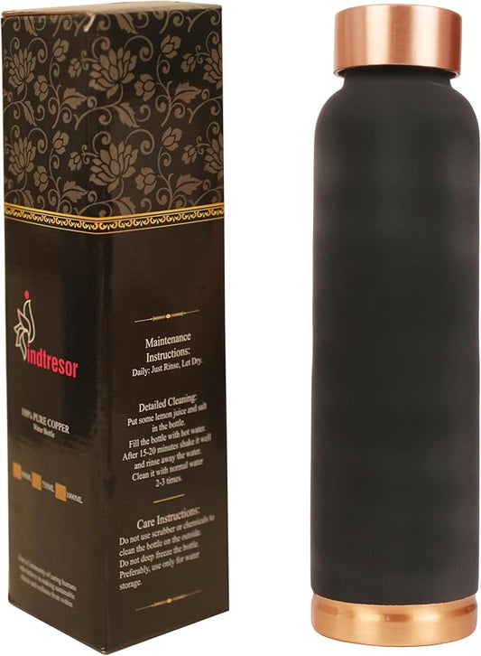 Pure Copper Water Bottle - Handcrafted - Ayurveda Health Benefits - 33 OZ - Leak proof - Easy to carry for Sports, Fitness, Yoga, School - Jet Black Matte Finish Vintage Enamel.