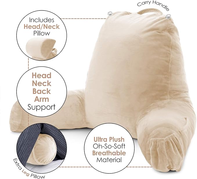 Nestl Reading Pillow Large Bed Pillow, Back Pillow for Sitting in Bed Shredded Memory Foam Chair Pillow, Reading & Bed Rest Pillows Beige Cream Back Pillow for Bed, Bed Chair Arm Pillow with Pockets