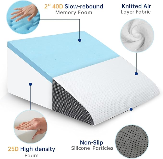 QUINEEHOM Bed Wedge Pillow for Sleeping, 12 Inch Triangle Bed Wedge for Adults, Memory Foam Wedge with Washable Cover, 30 Degree Triangle Pillow Wedge for Acid Reflux, Knee, Snoring