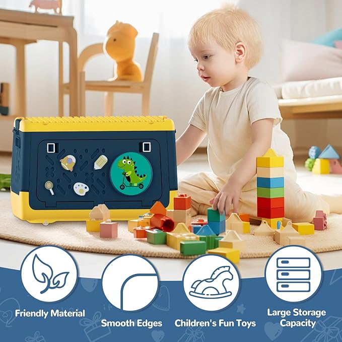 Toy Box Chest with Lid, Dinosaur Collapsible Storage Organizer for Kids Boys Girls, Plastic Stackable Toddler Toy Bins with Building Block Lid (Blue)