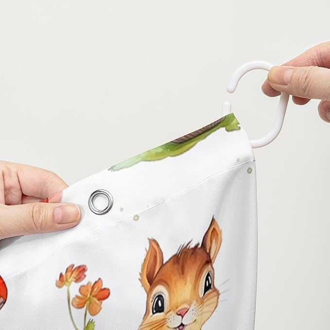 AILONEN Cartoon Mushroom Shower Curtain for Kids Girls Boys, Kawaii Squirrels with Red Mushroom Shower Curtains for Bathroom,Cute Animal Shower Curtain Set with Hooks,72" W*96" H