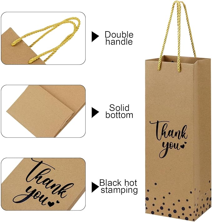 Ssyuysto 12 Pcs Wine Gift Bags for Wine Bottles Elegant Thank You Wine Gift Bags with Metallic Gold Foil Print,4.7"x3.5"x 14.1" Kraft Wine Gift Bags with Rope Handles for Wedding Bottle (Brown)
