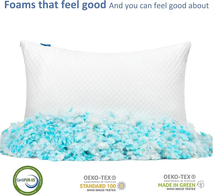 Shredded Memory Foam Pillows for Sleeping 2 Pack - Cooling Bed Pillows Standard Size Set of 2 - Medium Frim Gel Pillows for Side & Back Sleeper with Washable Removable Cover