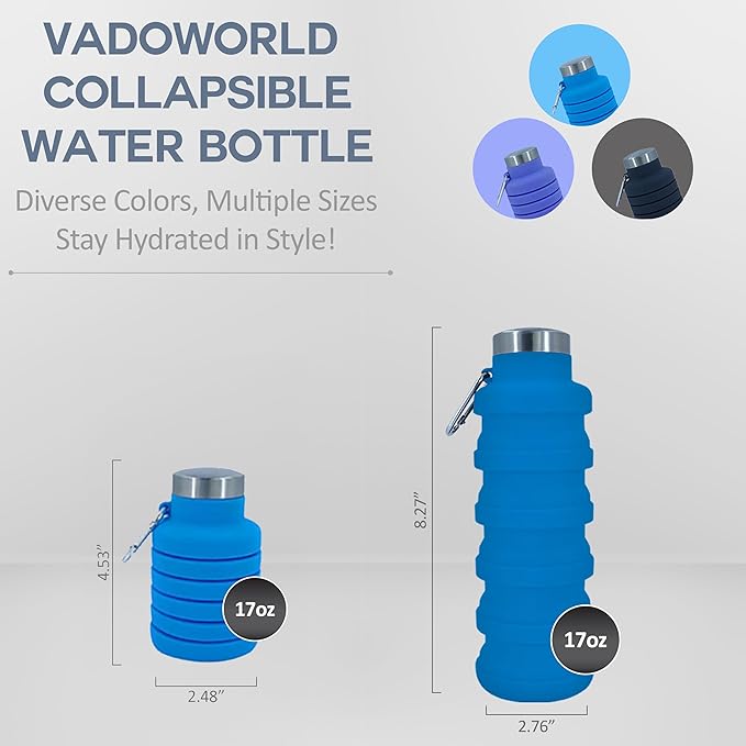 Collapsible Water Bottles 17oz, Odorless BPA-Free Silicone, Leak-Proof Foldable Reusable Bottle - Perfect for Travel Sports Gym Hiking Camping Cycling - Light Blue