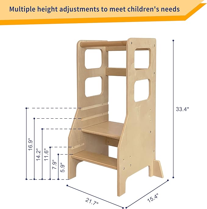 Damoch Family™ Child Standing Tower Kids Kitchen Step Stool Toddler Wooden Step Stool Adjustable Height Children Montessori Stool Patented Design (Natural)