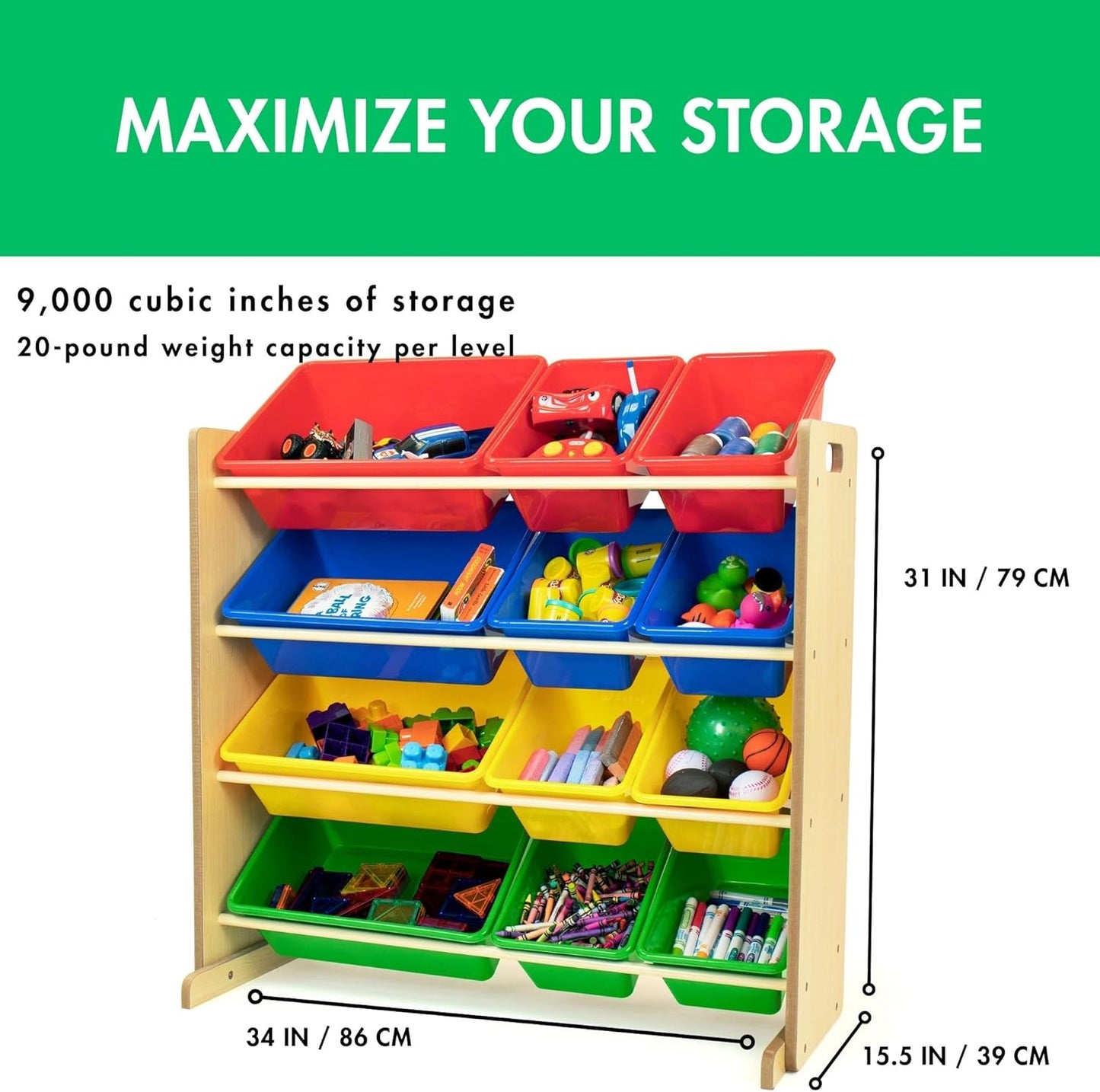 Humble Crew, Natural/Primary Kids' Toy Storage Organizer with 12 Plastic Bins, 34*35*15.5inch