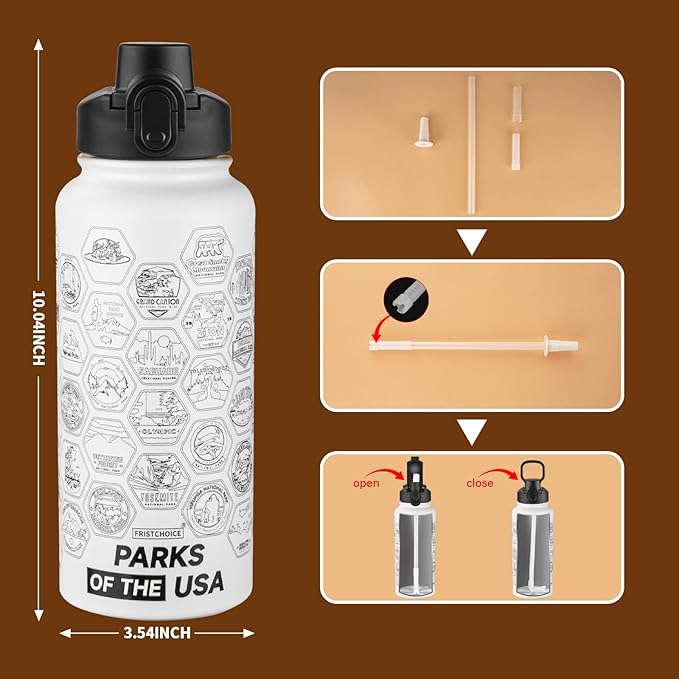 National Parks Water Bottle with Stickers and Straw,32oz Double Wall Vacuum Wide Mouth Insulated Water Bottle for Travel,BPA-free and Leak-proof (32oz,White)