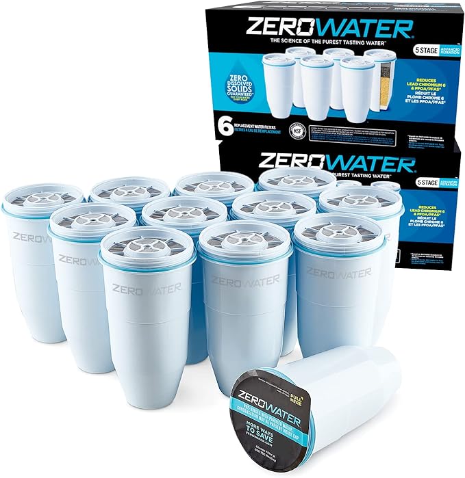 ZeroWater Official Replacement Filter - 5-Stage 0 TDS Filter Replacement - System IAPMO Certified to Reduce Lead, Chromium, and PFOA/PFOS, 12-Pack