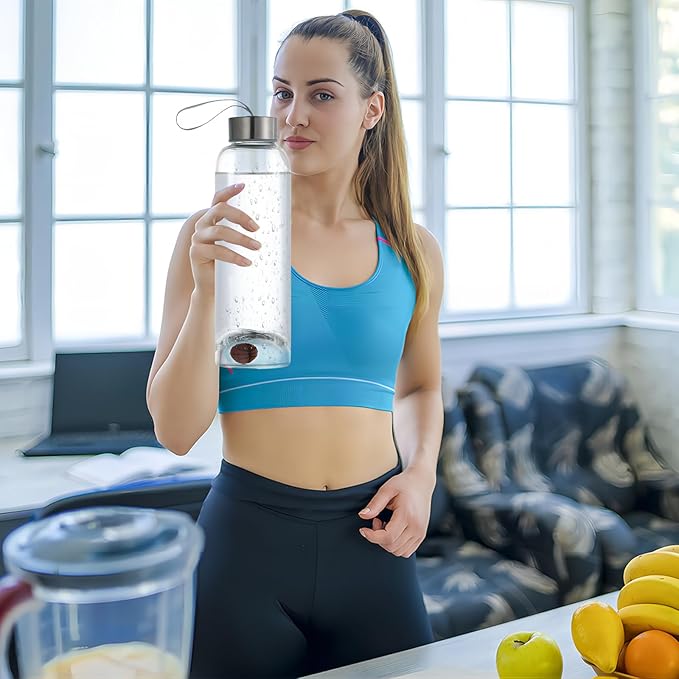 Crazy Music 32 oz Clear Glass Water Bottles,Reusable Glass Juicing Bottles with Stainless Steel Leak Proof Lids -16 oz Sports Water Bottle with Time Marker for Gym, Sports, Outdoors(32 Oz Gold