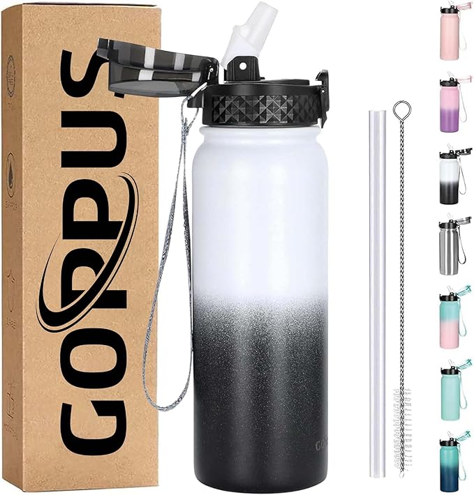 GOPPUS 20oz Insulated Stainless Steel Water Bottle with Straw Lid Leakproof Water Flask, Keeps Hot and Cold Sports Canteen Water Bottles for Kids Men Women Gym (White Black 1 Lid)