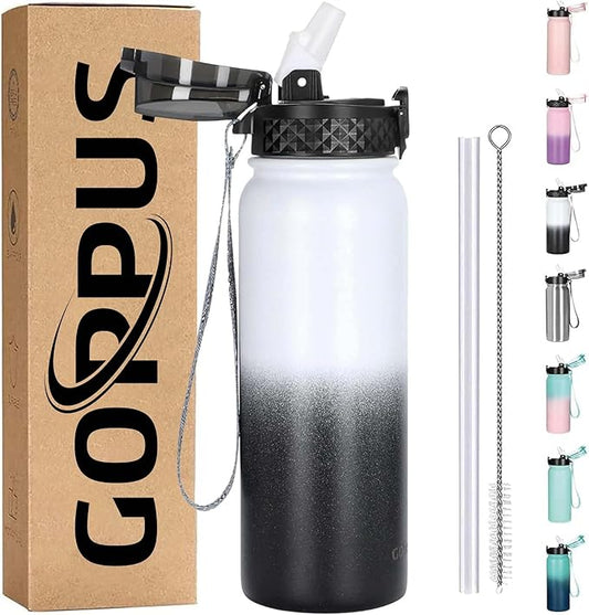 GOPPUS 20oz Insulated Stainless Steel Water Bottle with Straw Lid Leakproof Water Flask, Keeps Hot and Cold Sports Canteen Water Bottles for Kids Men Women Gym (White Black 1 Lid)