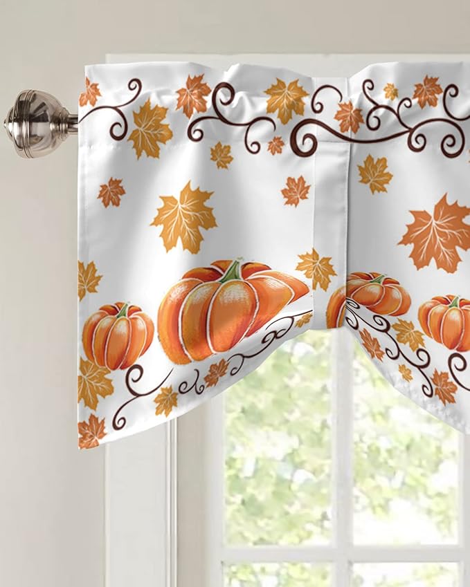 Fall Maple Leaves Blackout Tie Up Valance Curtains for Kitchen Windows Thanksgiving Watercolor Pumpkins Window Toppers Balloon Shades for Living Room/Bathroom/Bedroom,1 Panel,54" X 18" Orange