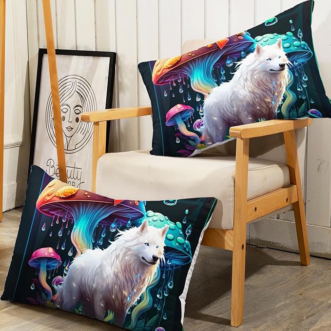 AILONEN White Wolf Fitted Sheet Set Full Size, Cartoon Mushroom and Cute Wolf Bed Sheet Set,3 Pieces Rain Mushroom Fitted Sheet with 2 Pillowcases for Boys Girls