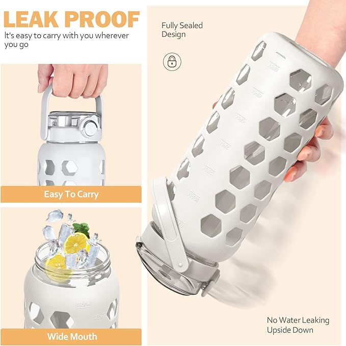 MUKOKO 56oz Glass Water Bottles with Straw and Lid,Motivational Water Jug with Time Marker Reminder and Silicone Sleeve,100% Leakproof BPA Free Fitness Sports Large Bottle-White