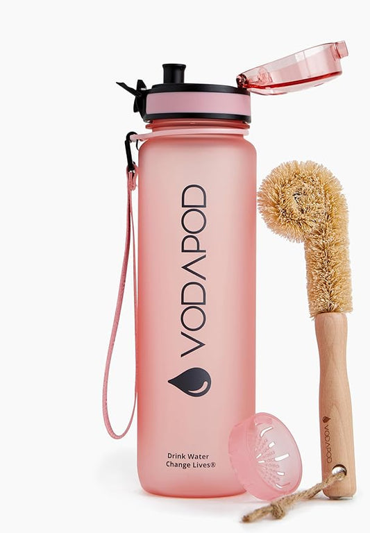 Motivational Water Bottle with Time Marker | 32oz Daily Water Intake Bottle | Gym Sports Water Bottle | Fruit Infuser Screen | 1 Liter BPA-Free Durable Leakproof with Eco-Friendly Brush (Rose)