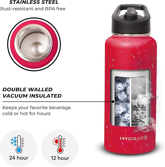 HYDRATE Insulated Stainless Steel Water Bottle - Large Reusable Flask with Leak-Proof Design and Convenient Handle - Double Vacuum Insulation for School, Work, or Adventure