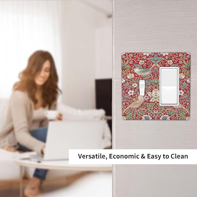 William Morris Strawberry Thief Botanical Red Green 2 Gang Single Toggle Rocker Combination Light Switch Covers Wall Plate Cover Electrical Faceplate Decorative Switchplate for Country Bedroom