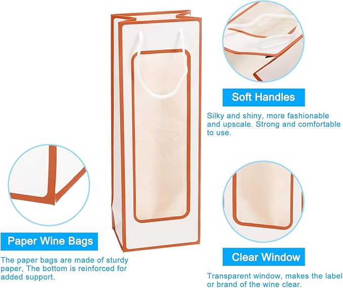 uxcell Wine Bags, 20pcs 4.92"x3.35"x14.2" Wine Gift Bags with Rope Handles, Paper Wine Tote Bag with Clear Window for Wedding Birthday Christmas Party Supplies, White Orange
