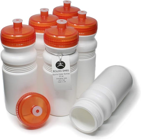 Rolling Sands 20 Ounce Sports Water Bottles 6 Pack, BPA-Free, Made In USA, Dishwasher Safe, White Bottles/Orange