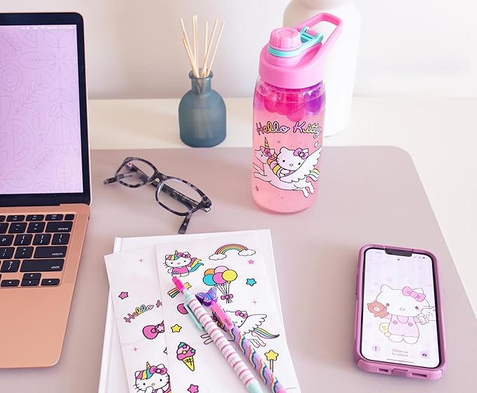 Sanrio Hello Kitty Unicorn Twist Spout Plastic Water Bottle Jug and Sticker Set For Personalizing | Holds 20 Ounces
