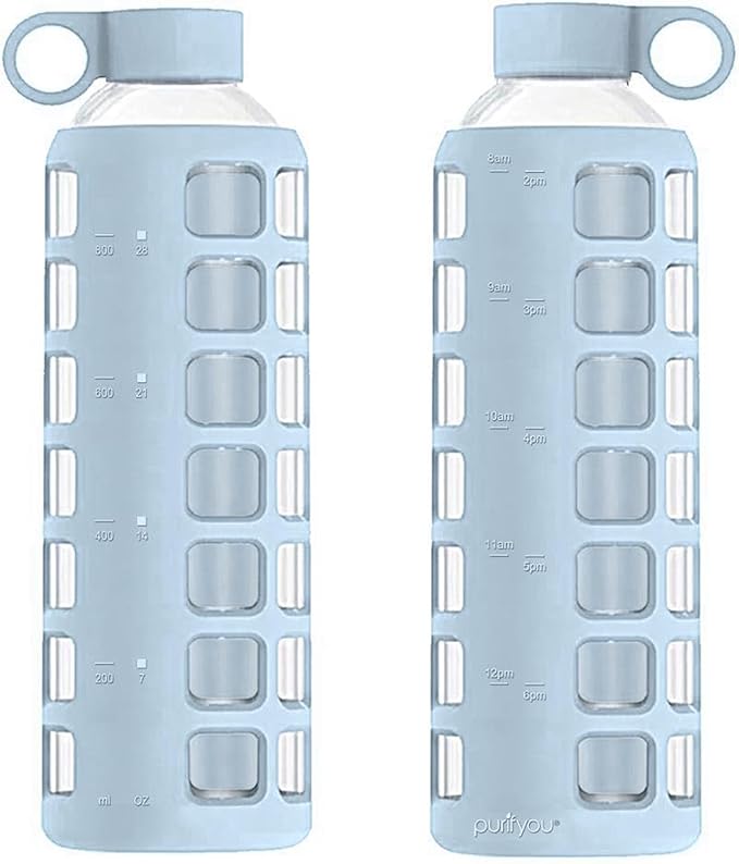 purifyou Premium 40/32 / 22/12 oz Glass Water Bottles with Volume & Times to Drink, Silicone Sleeve & Stainless Steel Lid Insert, Reusable Bottle for Fridge Water, Milk, Juice (32oz Ice Blue)