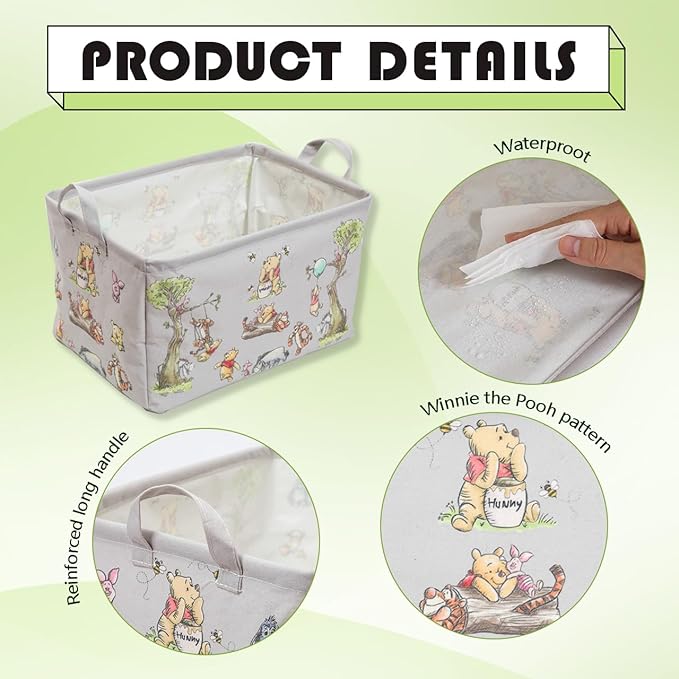 Winnie Storage Nursery Basket, Large Square Canvas Laundry Hamper With A Waterproof PE Coating, Foldable, Bathroom and Bedroom Set, Clothes ,Toys Bin, Baby Nursery Hamper Decor(Grey)