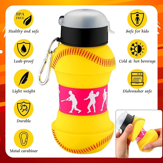 Softball Collapsible Water Bottle 18 oz Clip on Ball Drinking Cup Silicone Sports Water Mug Squeezable Leakproof Ball Shaped Bottle Folding Silicone Softball Cup for Sports Team Gift