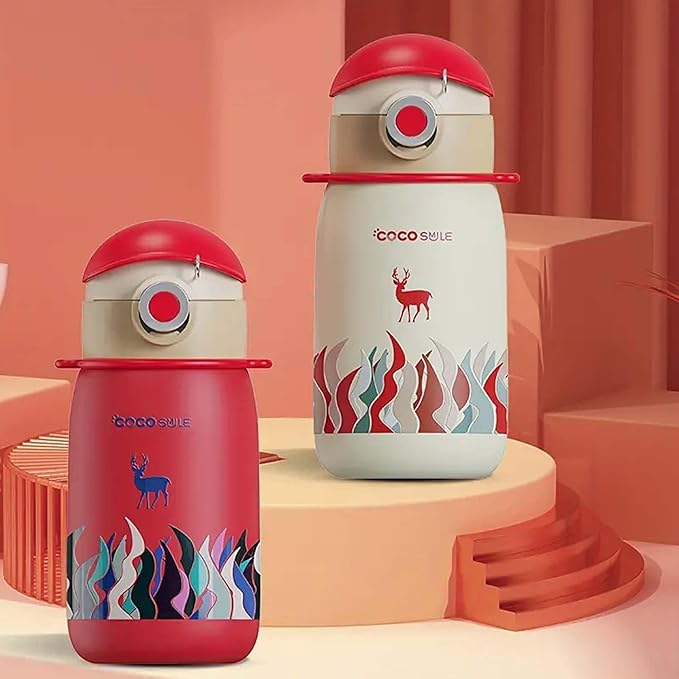 Deer Thermal Vacuum Insulated Water Bottle with Straw & lid - Durable & Premium Design - Easy Open Button, Food Grade Stainless Steel - Dishwasher Safe kids cup (17 Oz)