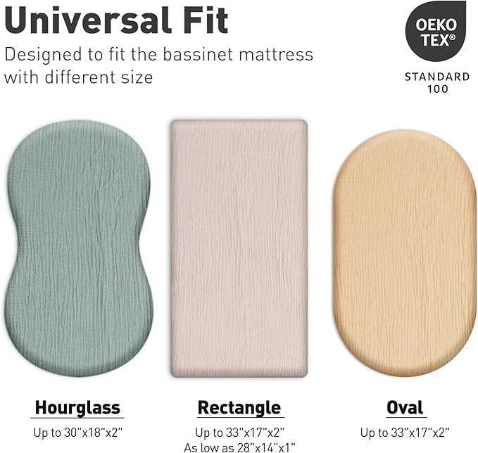 Muslin Bassinet Sheets 2 Pack for Baby Boy and Girl, Breathable Elastic Cozy Fitted Cotton Bassinet Mattress Sheet, Universal Fit for Hourglass Oval and Rectangle Bassinet Mattress (Elegant Colors)