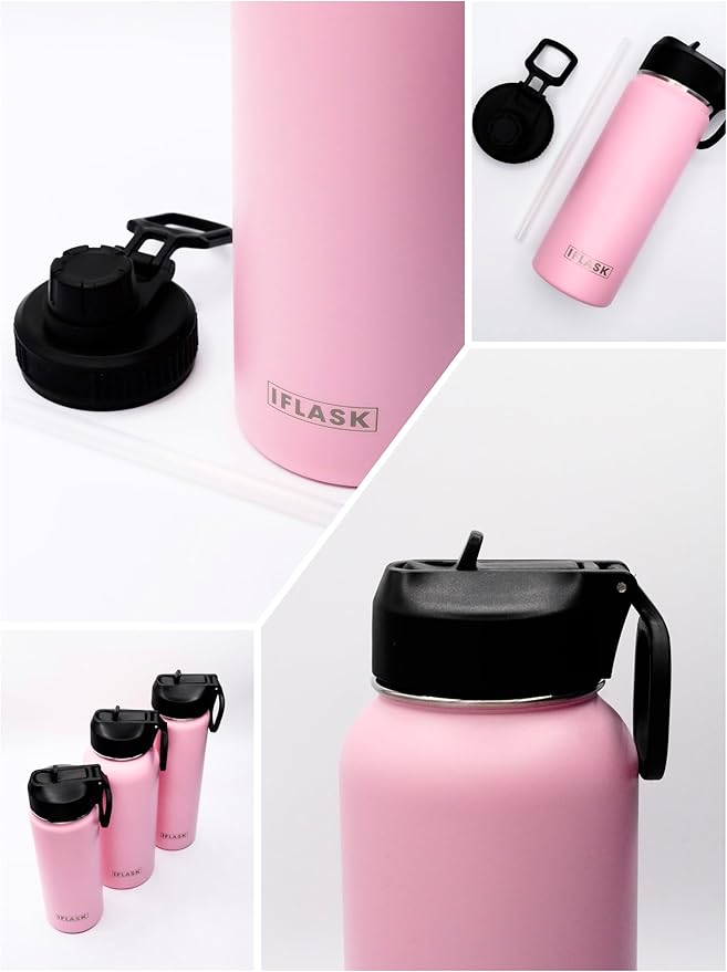 Sport Travel Outdoor Water Bottle with Spout and Straw Lids | Leak Proof | Insulated Stainless Steel Double Walled | BPA and Sweat free | Hot & Cold | For Kids Men & Women (Pink, 22 oz)