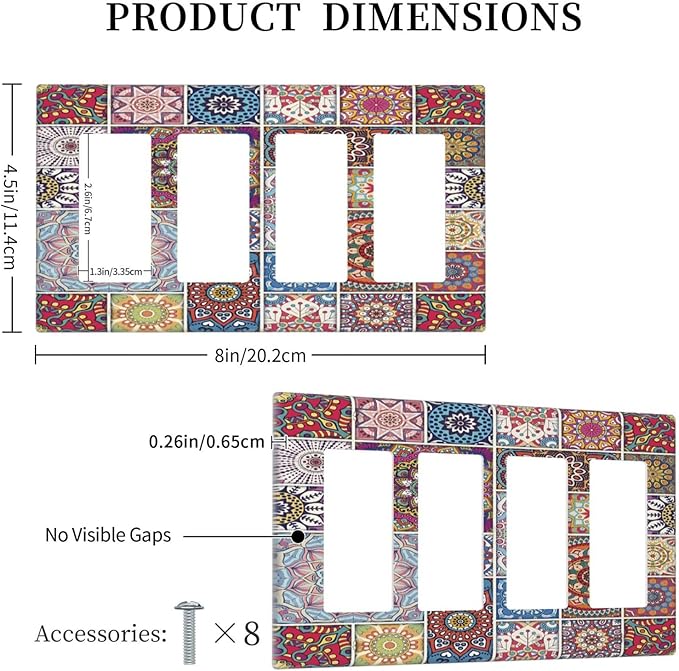Morocco Talavera Mexican Tiles Printed Colroful Mandala 4 Gang Rocker Decora Light Switch Cover Outlet Covers Wall Plate Decorative Switchplate Electrical Faceplate GFCI for Kitchen Bathroom Decor