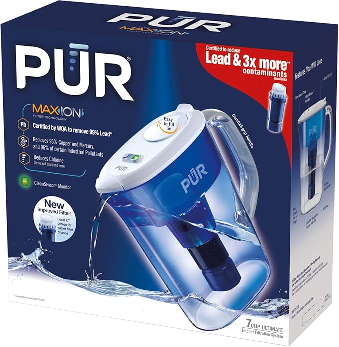 PUR Ultimate Filtration Water Filter Pitcher, 7 Cup, Clear/Blue