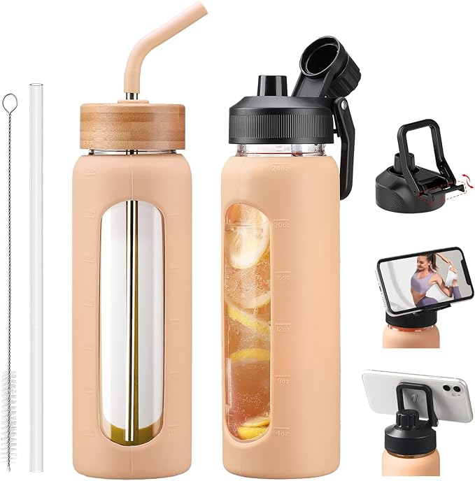 Glass Water Bottles with Straw -24oz- Water Bottle Phone Holder for Gym Sports Water Bottles with Silicone Sleeve Glass Drinking Bottles 2 Lids - Spout & Bamboo Straw Lid(Amber)