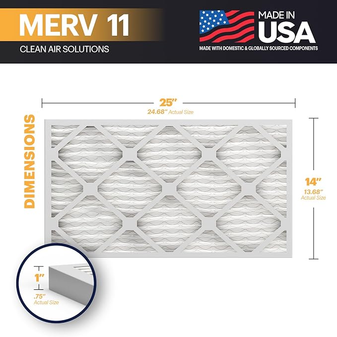 BNX TruFilter 14x25x1 Air Filter MERV 11 (6-Pack) - MADE IN USA - Allergen Defense Electrostatic Pleated Air Conditioner HVAC AC Furnace Filters for Allergies, Dust, Pet, Smoke, Allergy MPR 1200 FPR 7