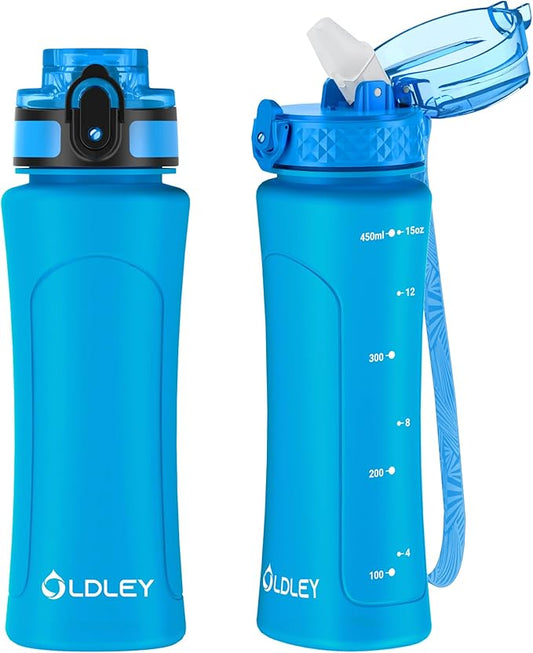 OLDLEY Kids Water Bottle for School with Straw Chug Lid, 15 oz Unbreakable Leak-Proof BPA-Free Motivational Water Bottles with Time Marker for Travel Sports Gym, 2 Lids, Blue