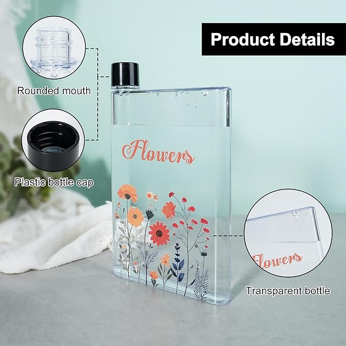 Flat Water Bottle 420ml,Plastic Portable Flat Water Bottle for Purse,Square Water Bottle Flat for Sports Gym Fitness Outdoor,Flower