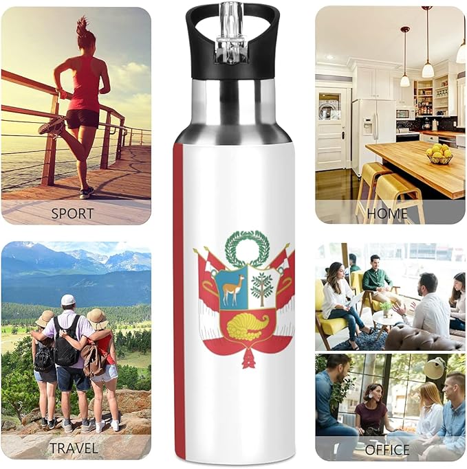 Peru Flag Sports Water Bottle, Double Wall Vacuum Insulated Stainless Steel Water Bottle with Straw Keeps Hot and Cold, Bike Running Sports Travel Gym 20oz