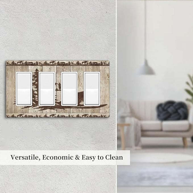Rustic Wood Bear Forest 4 Gang Rocker Decora Light Switch Cover Vintage Antique Cabin Decorative Outlet Covers Wall Plate Electrical Faceplate Switchplate GFCI for Farmhouse Bathroom Bedroom Decor