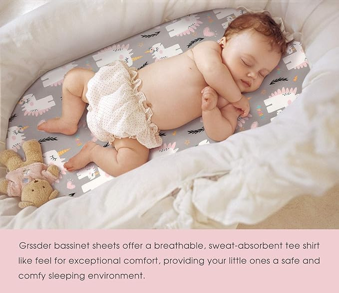 GRSSDER Stretchy Ultra Soft Fitted Bassinet Sheet Set 2 Pack, Universal Fit for Bassinets Baby Cradle Moses Basket Oval Rectangle Pad/Mattress, Dream Unicorn Bassinet Sheets for Babys and Girls