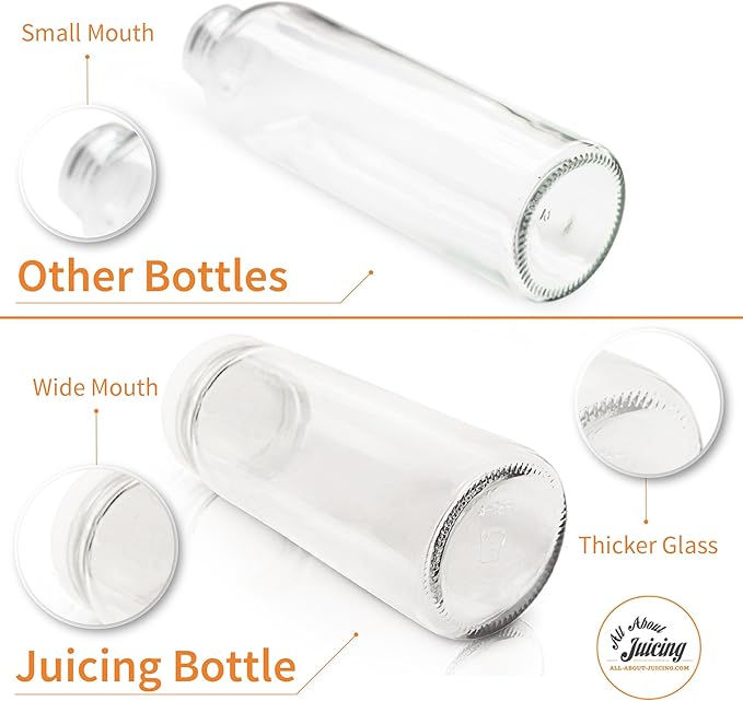 All About Juicing Clear Glass Water Bottles Set - 6 Pack Wide Mouth with Lids for Juice, Smoothies, Beverage Storage - 16 oz, Durable, Reusable, Dishwasher Safe, Leak Proof (White Caps)